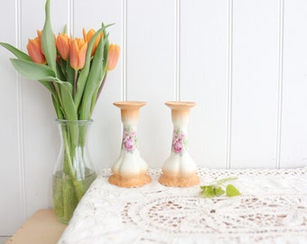 Vintage Brown Floral Candlestick Holders - Sold as a pair