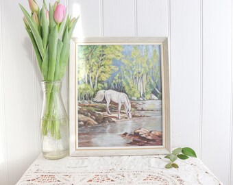 Vintage Framed White Horse by a Lake Painting