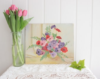 Vintage Original Flower Painting of Poppies in a Vase