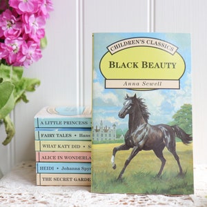 May include: A stack of children's classic books with titles like "A Little Princess", "Fairy Tales", "What Katy Did", "Alice in Wonderland", "Heidi", and "The Secret Garden".  Next to the stack is a book titled "Black Beauty" by Anna Sewell, featuring a black and white horse running through a field.