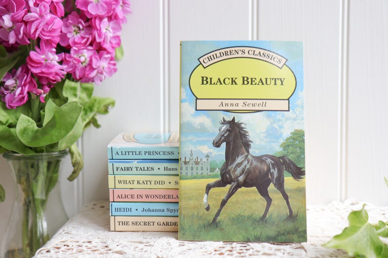 May include: A stack of children's classic books with titles like "A Little Princess", "Fairy Tales", "What Katy Did", "Alice in Wonderland", "Heidi", and "The Secret Garden".  Next to the stack is a book titled "Black Beauty" by Anna Sewell, featuring a black and white horse running through a field.