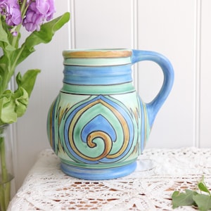 Vintage Wade Heath Flaxman Ware Jug: Art Deco Green Swirl, England 1930s