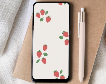 Strawberries phone home screen | Cute summer iPhone lock screen | Trendy phone wallpaper | Botanical phone background