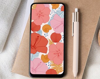 Sfondo tropicale per iPhone: schermata di blocco con spiaggia floreale disegnata a mano