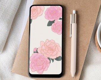 Fondo de pantalla de peonías para teléfono / Pantalla de bloqueo floral para iPhone y Android / Fondo de pantalla de inicio en tonos pastel / Pantalla de bloqueo con estética floral para iPhone
