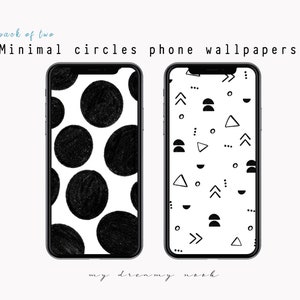 Könnte beinhalten: Zwei Handy-Hintergrundbilder, eines mit einem schwarz-weißen Muster aus Kreisen und das andere mit einem schwarz-weißen Muster aus geometrischen Formen. Der Text "pack of two Minimal circles phone wallpapers" und "my dreamy nook" ist sichtbar.