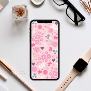 Floral iPhone lock screen | Pink hearts phone wallpaper | Android phone home screen background | Flowers lock screen iPad wallpaper