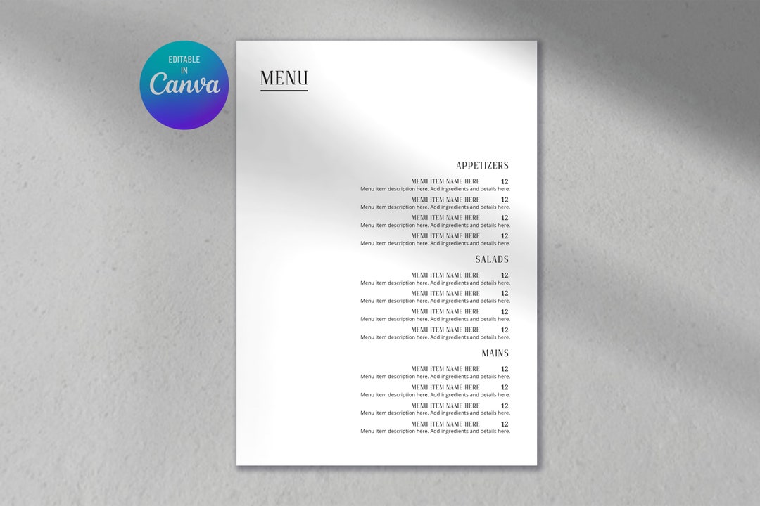 Printable Menu Canva Template Modern Restaurant Menu Trendy Cafe Price ...