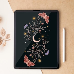 May include: A black tablet displays a digital illustration of a crescent moon, butterflies, stars, and floral elements. The butterflies are pink and the stars are yellow. A white stylus rests beside the tablet.