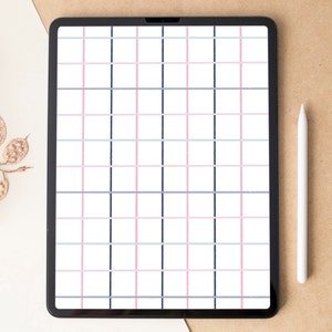 Puede incluir: Una tableta digital con un patrón de cuadrícula en líneas rosas, azules y azul marino. Un lápiz óptico blanco descansa junto a la tableta. El fondo es una mezcla de beige y blanquecino, con una rama decorativa a la izquierda.