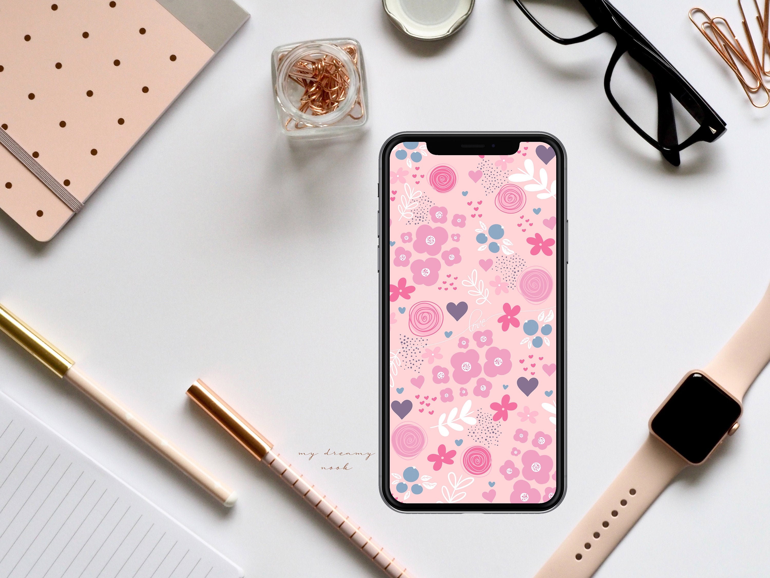 Floral Iphone Lock Screen Pink Hearts Phone Wallpaper - Etsy