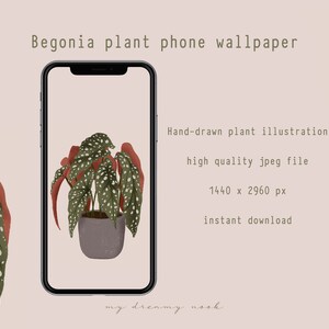 K&ouml;nnte beinhalten: Digitales Handy-Hintergrundbild mit einer handgezeichneten Illustration einer Begonienpflanze. Das Bild zeigt eine Begonienpflanze mit gr&uuml;nen Bl&auml;ttern und wei&szlig;en Punkten in einem grauen Topf. Der Text auf dem Bild lautet "Begonia plant phone wallpaper".
