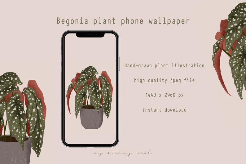 K&ouml;nnte beinhalten: Digitales Handy-Hintergrundbild mit einer handgezeichneten Illustration einer Begonienpflanze. Das Bild zeigt eine Begonienpflanze mit gr&uuml;nen Bl&auml;ttern und wei&szlig;en Punkten in einem grauen Topf. Der Text auf dem Bild lautet "Begonia plant phone wallpaper".