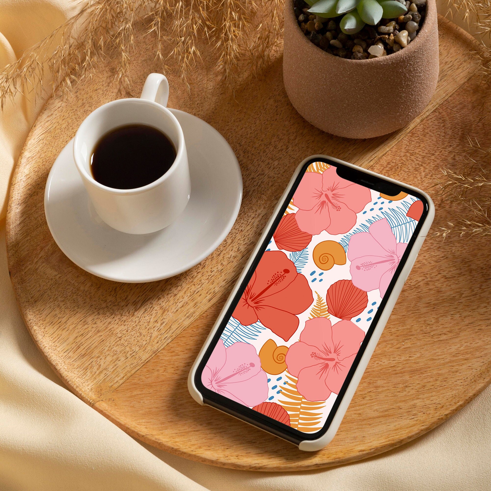 Tropical iPhone Wallpaper: Hand-drawn Floral Beach Lock Screen - Etsy