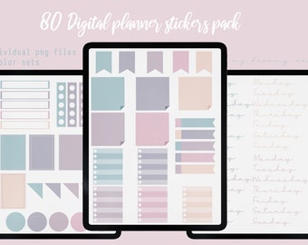 May include: Digital planner stickers pack with 80 individual PNG files in 5 colour sets. The image shows three tablets displaying various pastel-coloured digital stickers, including sticky notes, banners, and lists. The text "Monday, Tuesday, Wednesday, Thursday, Friday, Saturday, Sunday" is also visible.