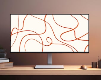May include: A modern computer monitor with a white screen featuring a pattern of orange lines. The monitor is supported by a silver stand and sits on a wooden desk. A computer mouse and other office supplies are also on the desk.