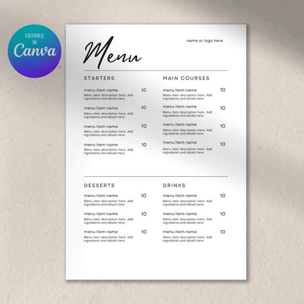 Modern Menu template | Canva restaurant menu template | Editable menu | Minimal price list Canva | Cafe menu template | Printable price list