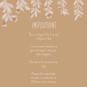 May include: A digital file announcement on a tan background with the word "IMPORTANT" in large white letters. The text below explains the item is a digital file, an instant download, for personal use only, and color variations may occur.