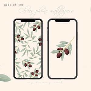 May include: Two smartphones displaying olive branch phone wallpapers. One features a repeating pattern of green leaves and dark purple olives, the other shows a single branch. Text reads "pack of two" and "Olives phone wallpapers".
