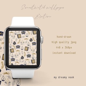 May include: A smartwatch face with a beige background and a repeating pattern of gold and blue illustrations. The illustrations include crystals, moons, tarot cards, and bottles. The text "Smartwatch wallpaper Esoteric" is at the top of the image.