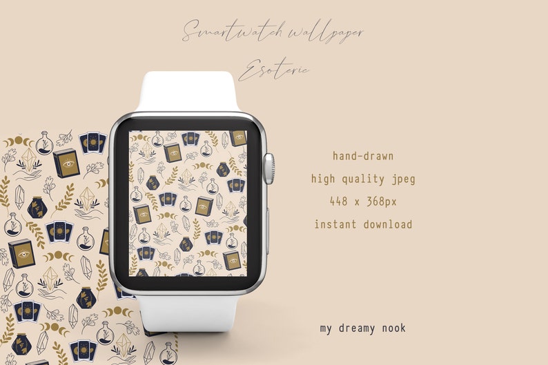 May include: A smartwatch face with a beige background and a repeating pattern of gold and blue illustrations. The illustrations include crystals, moons, tarot cards, and bottles. The text "Smartwatch wallpaper Esoteric" is at the top of the image.