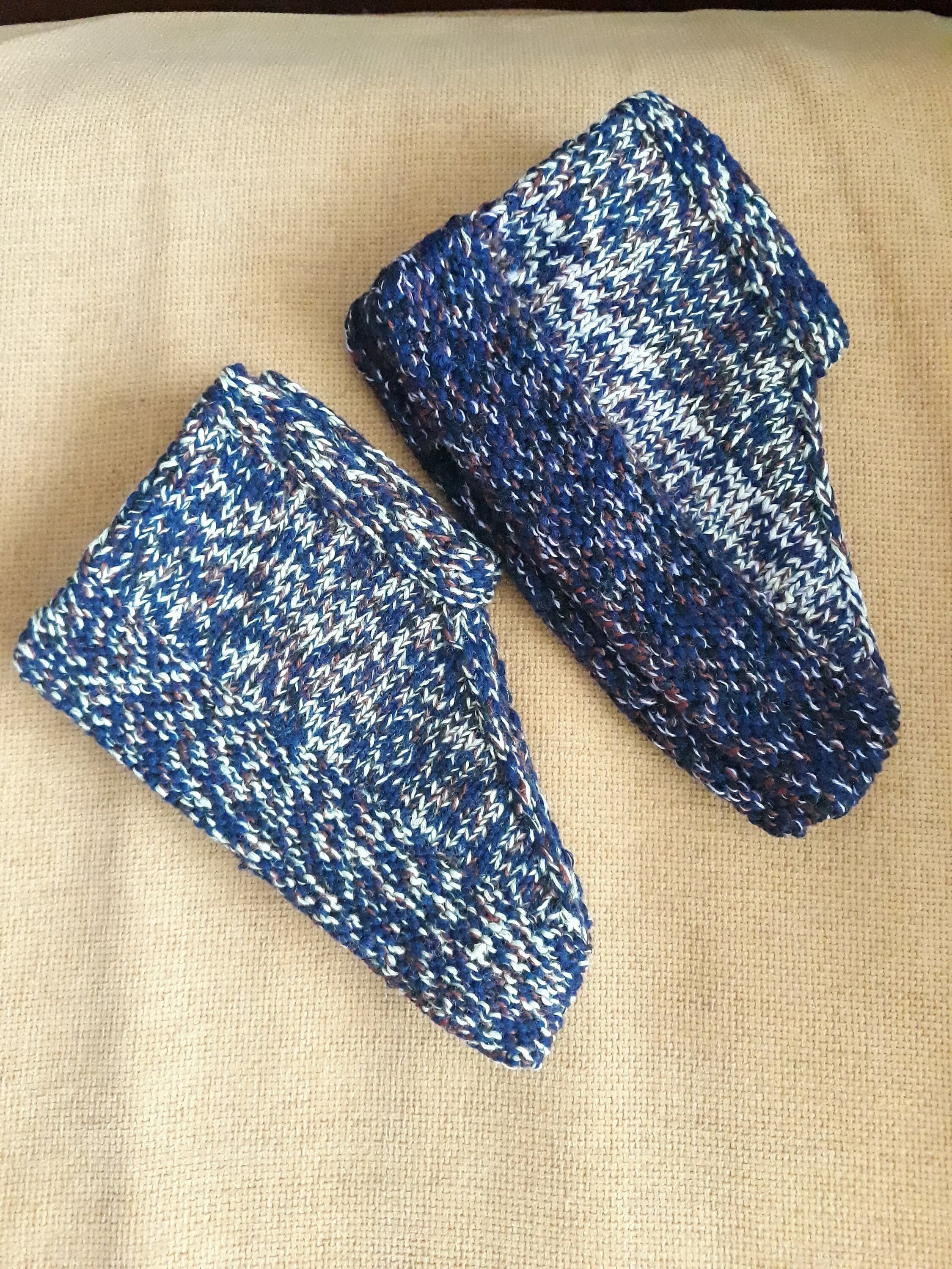 Hand Knitted Wool Slippers, Navy Blue Melange Slippers, Warm Home Slippers, Youth Knitted Slippers