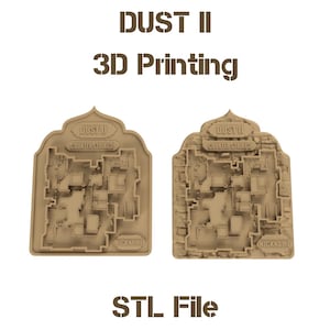 May include: Two tan, 3D-printed, arched plaques featuring the Dust II map layout from Counter-Strike 2. Each plaque includes the text DUST II, COUNTER-STRIKE 2, and a NICKNAME placeholder. The text DUST II 3D Printing and STL File is present.