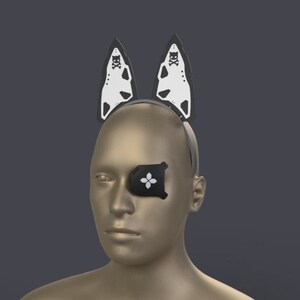 May include: A mannequin head wearing a black headband with white and black cat ears and a black eye patch with a white cross.