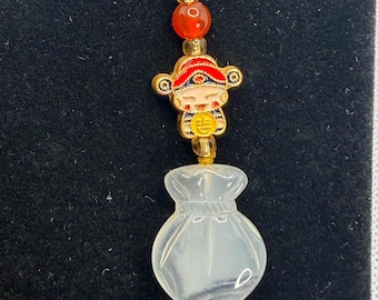 Carved White Stone Money Bag Pendant, Icy Translucent Wealth Pouch, Feng Shui Prosperity Amulet