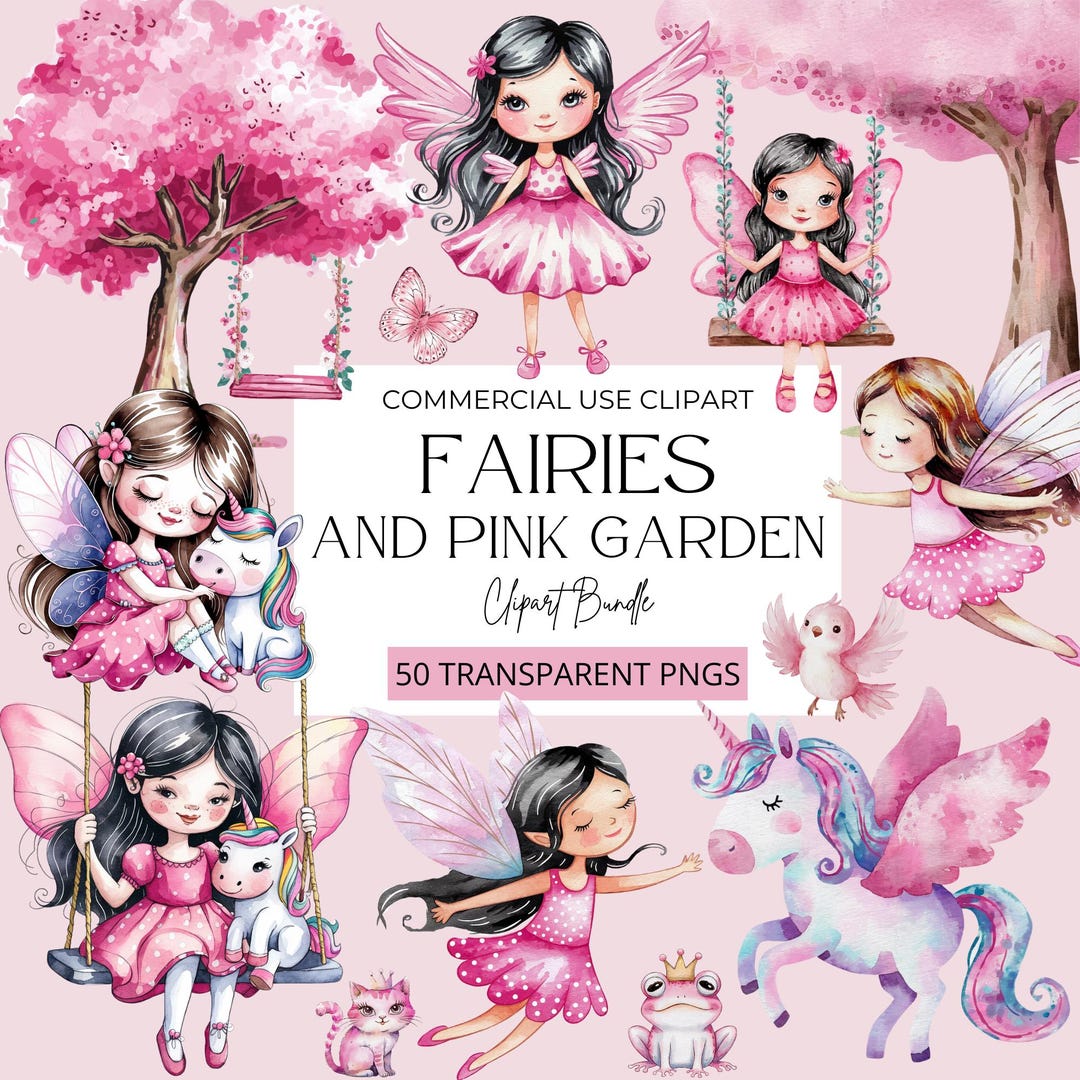 Enchanting Fairies & Pink Garden Watercolor Clipart Bundle - Magical ...
