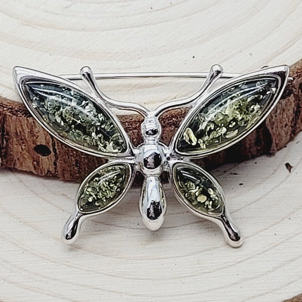 Butterfly Sterling Silver Brooch Pin/Clip in Green Amber in Vintage Style  925 Sterling Silver