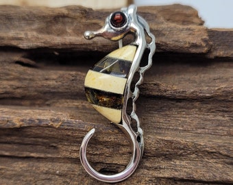 Seahorse Brooch Sterling Silver & Amber Pin
