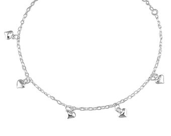 Sterling Silver Heart Charm Anklet - Hearts Charms Ankle Chain 9" - 10" - 23-25cm