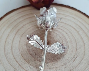 Broche rose en argent sterling - Grand détail en argent massif poinçonné dans une boîte