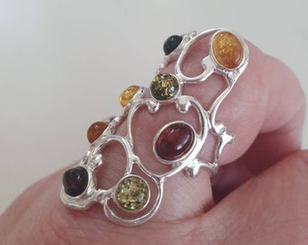 Large sterling silver mixed amber ring Handmade Unusual Style Mixed Baltic Amber