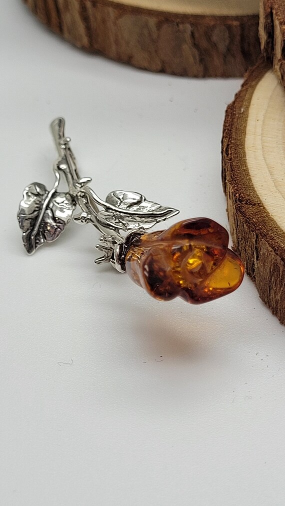 Belle Broche Vintage En Argent Et Ambre, Ornée De 3 Roses - Occasion En Très Bon état