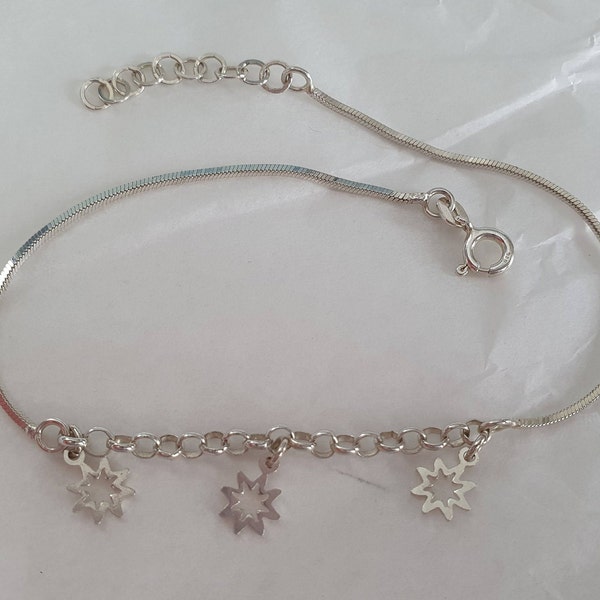 Star Charm Sterling Silver Anklet  - Dangly Stars Ankle Chain 9.5 - 10" 23-26cm