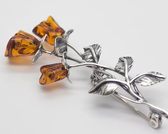 Broche de ámbar de plata de ley, hecho a mano, con alfiler de ámbar auténtico, joyería de ámbar báltico, broche de estilo vintage, regalo para ella (Reino Unido).