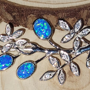 Sterling Silver & Blue Opal CZ Diamonds Flower Brooch Handmade