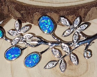 Sterling Silver & Blue Opal CZ Diamonds Flower Brooch Handmade