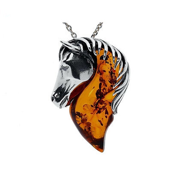 Horses Head Pendant - Sterling Silver & Baltic Amber Necklace