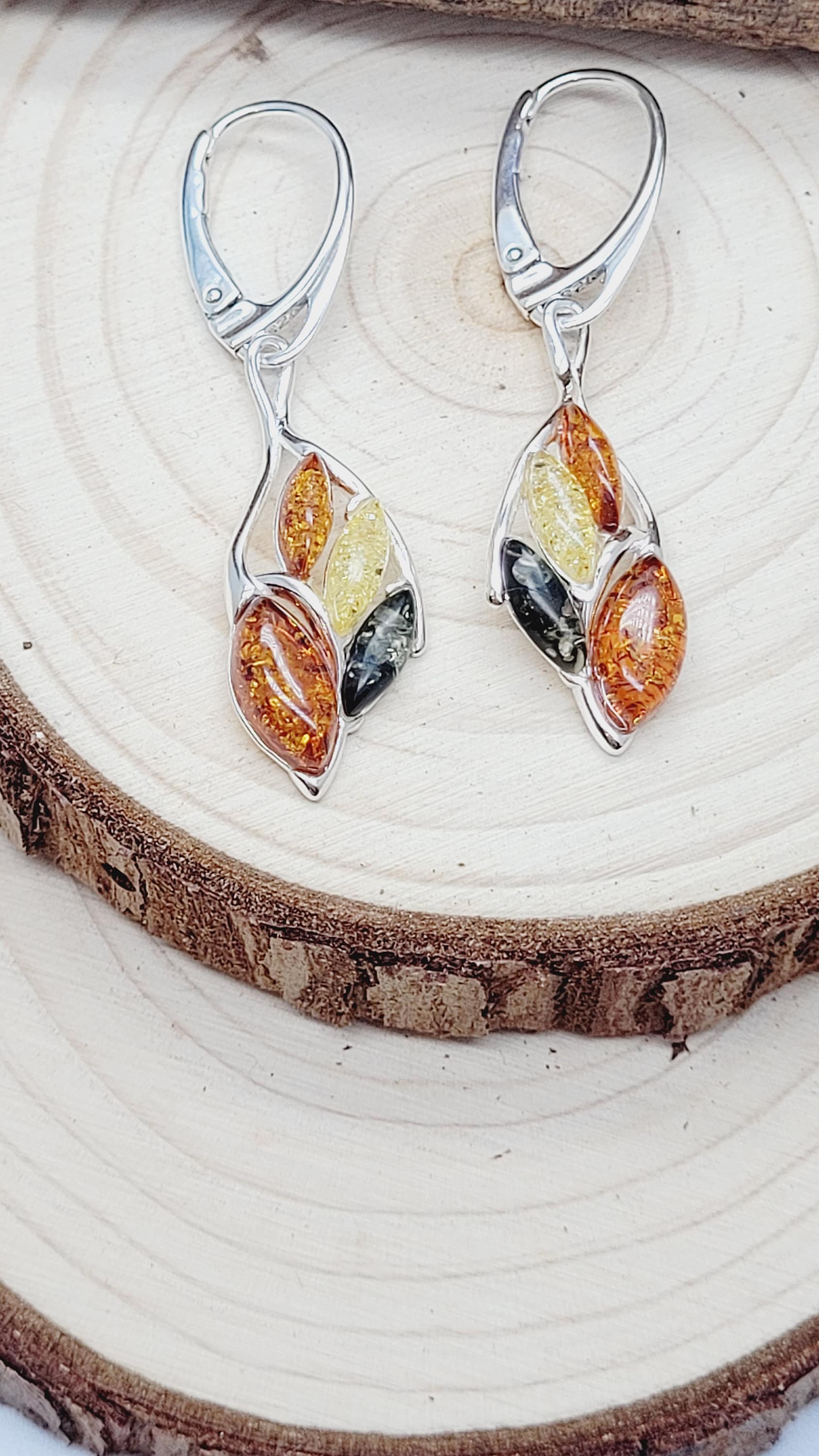 Orecchini pendenti a goccia, in ambra baltica color miele e arancione con chiusura a monachella, in argento Sterling, per donne e ragazze, orecchini Art Deco fantasia, 070346, Argento sterling, Ambra