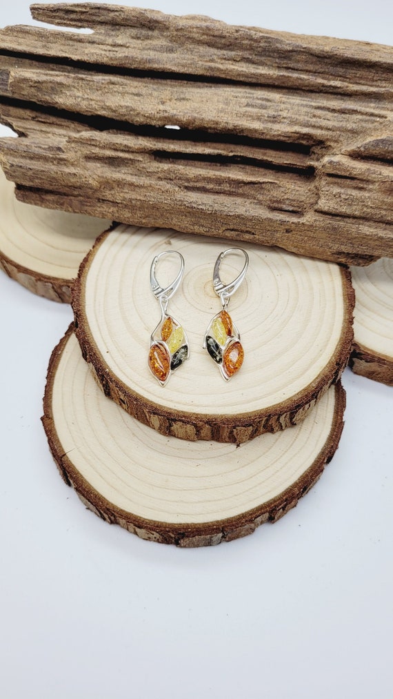 Orecchini Pendenti In Ambra Mista E Argento Sterling, Foglia Fantasia, Colori Arancione, Giallo E Verde, H2235/M