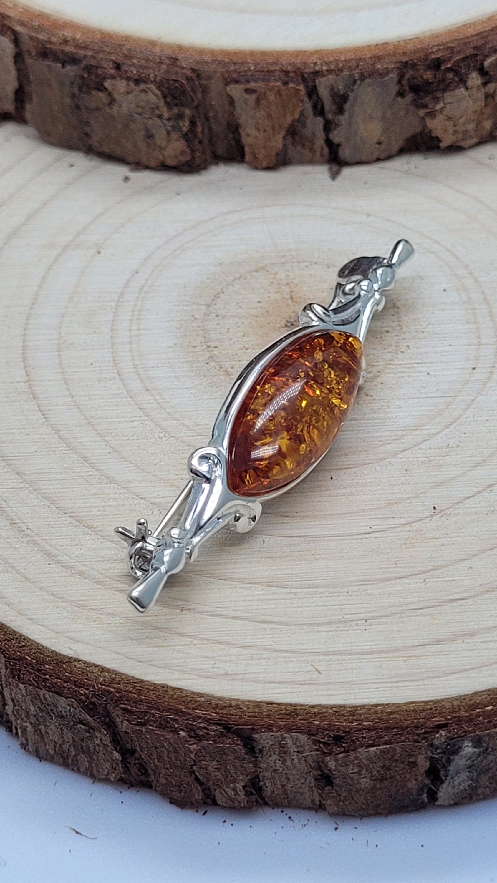 Broche Ancienne En Argent Avec Ambre Véritable - Bijou Vintage Feuille