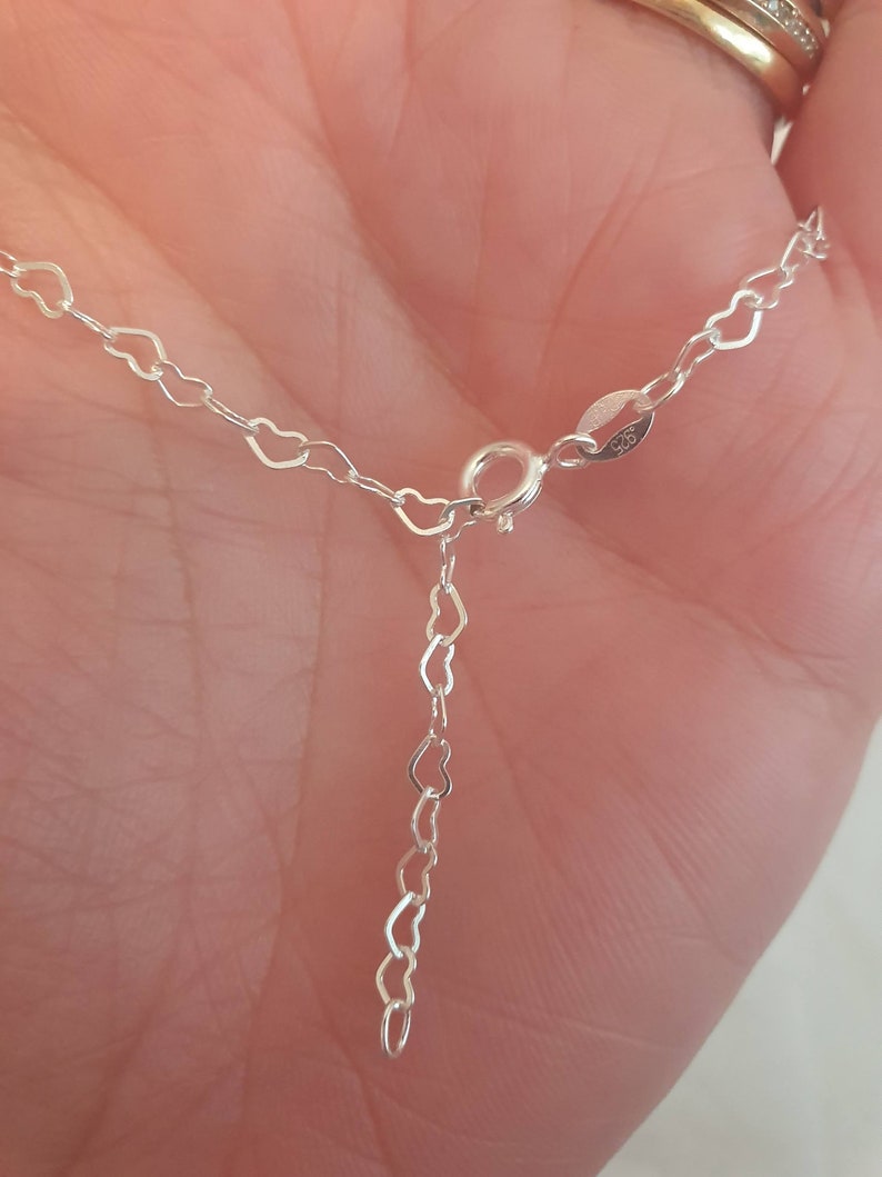 Heart Anklet Sterling zilver 8 9 10 11 12.5 Verstelbare Pretty Hearts Ankle Chain Hallmarked. Extra Large Anklet & Slim Ankle Chain afbeelding 9