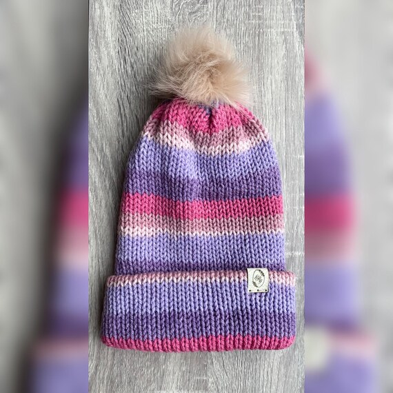 Pink and Purple Striped, Pom Pom Knitted Hat, Beanie Hat  display picture 2