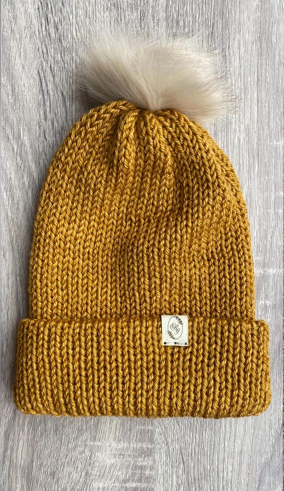 Senape, berretto lavorato a maglia con pompon, berretto, cappello