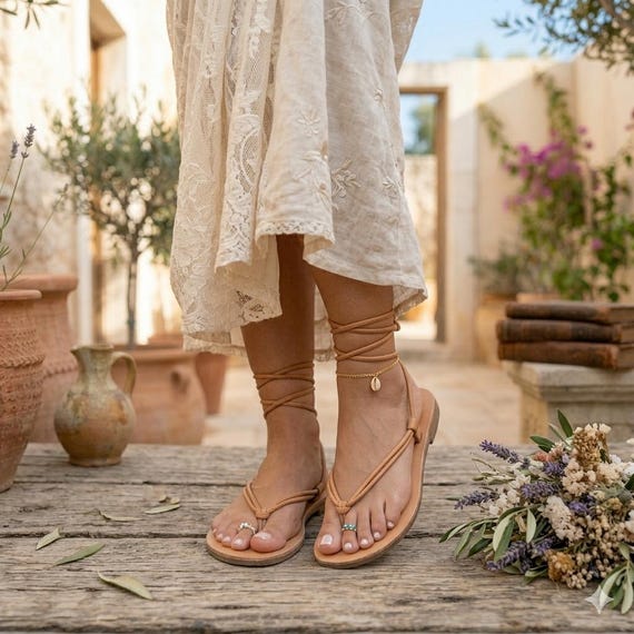 Handmade Tie up Leather Sandals | Boho Bridal Wedding Shoes | Greek Lace up Gladiator Sandals | Natural Tan Leather Flats