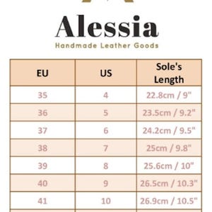 May include: Image of a size chart for "Alessia Handmade Leather Goods." The chart includes EU and US shoe sizes, with corresponding sole lengths in centimeters and inches. Sizes range from EU 35 (US 4) to EU 45 (US 14).