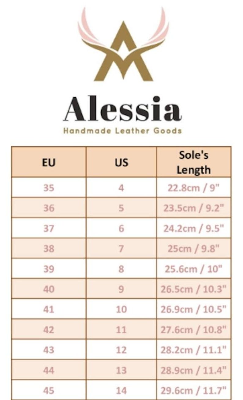 May include: Image of a size chart for "Alessia Handmade Leather Goods." The chart includes EU and US shoe sizes, with corresponding sole lengths in centimeters and inches. Sizes range from EU 35 (US 4) to EU 45 (US 14).